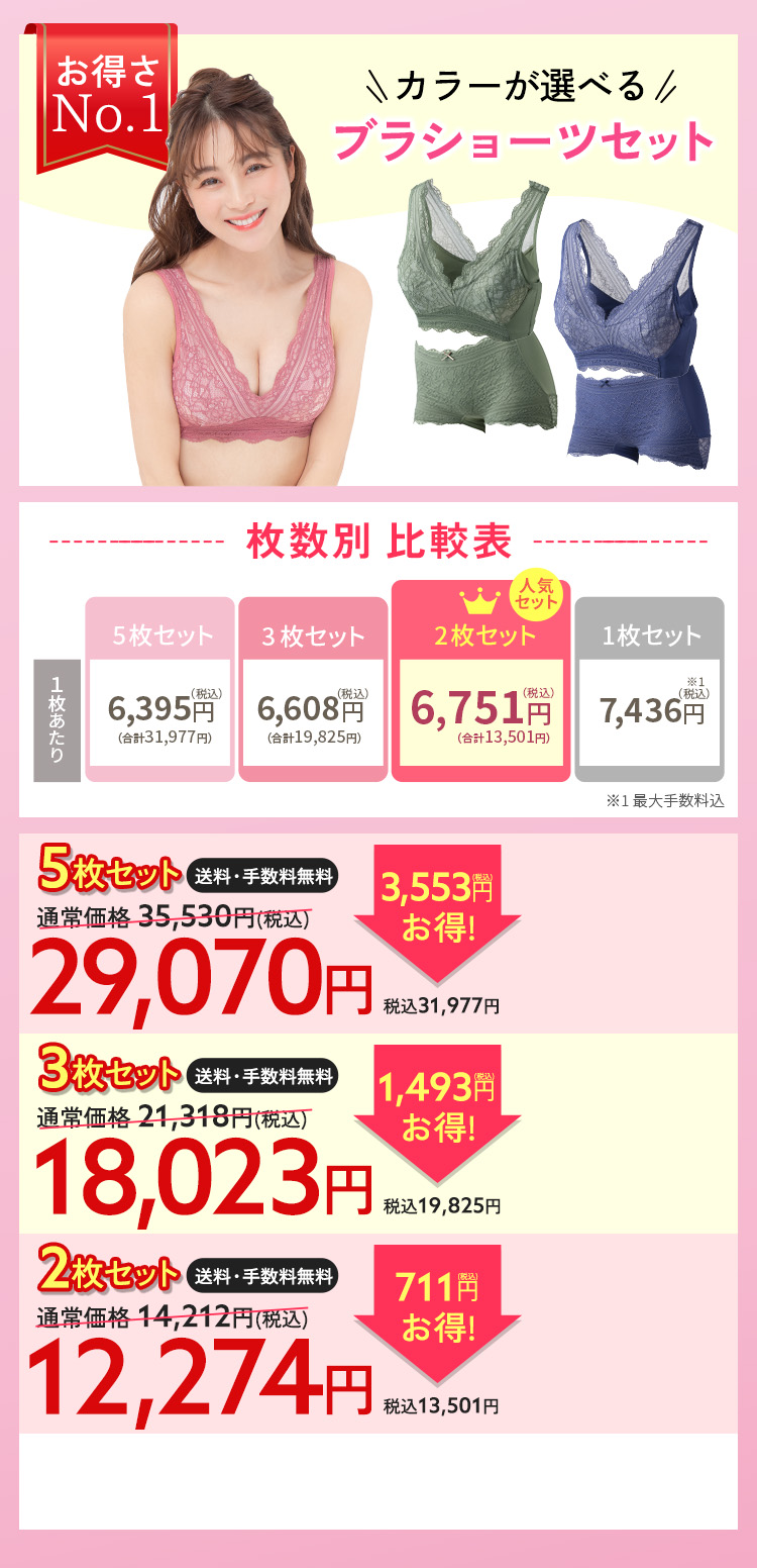 ブラ＆ショーツ5枚セット　通常価格31330円（税込35530円） 3553円（税込）お得！29070円（税込31997円） 1枚6460円（税込7106円）×5枚 手数料無料 送料無料 お好きなカラーが選べる