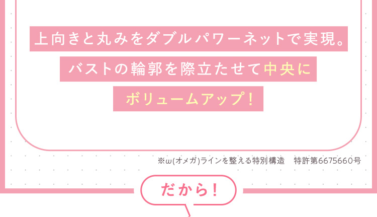 上向きと丸みをダブルパワーネットで実現。 バストの輪郭を際立たせて中央に ボリュームアップ！だから！