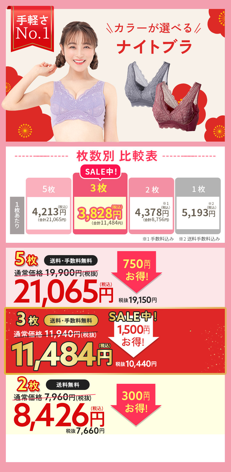 お得な5枚セット ルーナナチュラルアップナイトブラ 通常価格19900円（税込21890円） 2189円（税込）お得！17910円（税込19701円） 1枚3980円（税込4378円）×5枚 手数料無料 送料無料 お好きなカラーが選べる