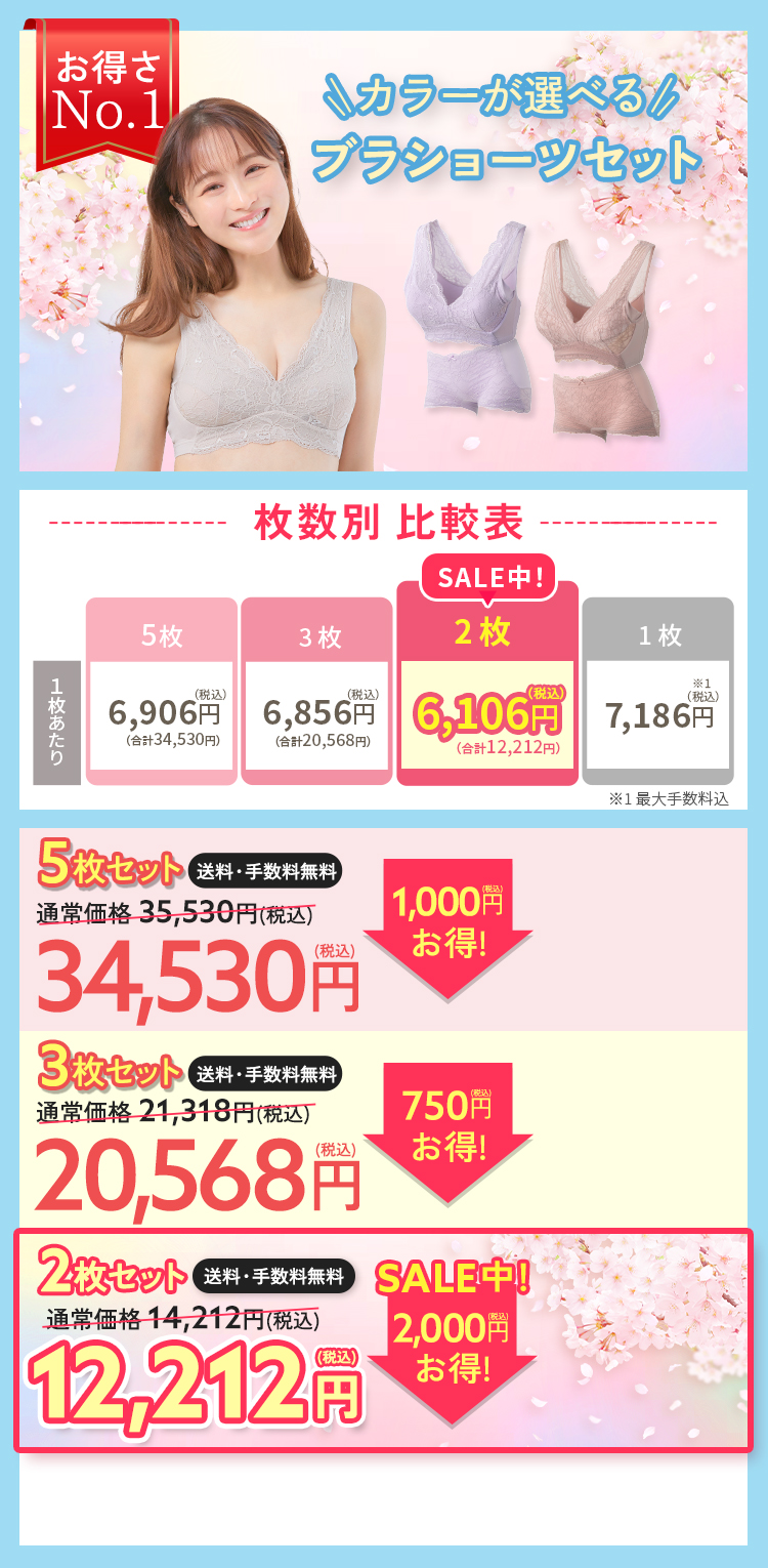 ブラ＆ショーツ5枚セット　通常価格31330円（税込35530円） 3553円（税込）お得！29070円（税込31997円） 1枚6460円（税込7106円）×5枚 手数料無料 送料無料 お好きなカラーが選べる