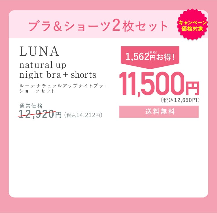 ブラ＆ショーツ2枚セット LUNA natural up night bra＋shorts ルーナナチュラルアップナイトブラ＋ショーツ 通常価格12,920円（税込14,212円） 711円（税込）お得！ 1枚6,460円（税込7,106円）×2枚 手数料無料 送料無料 お好きなカラーが選べる