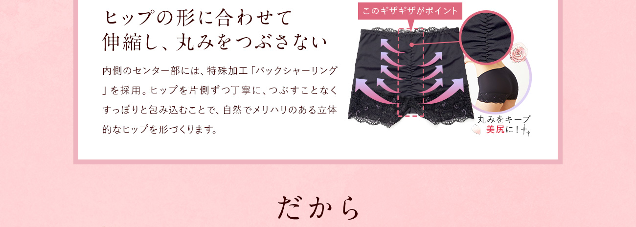ヒップの形に合わせて伸縮し、丸みをつぶさない